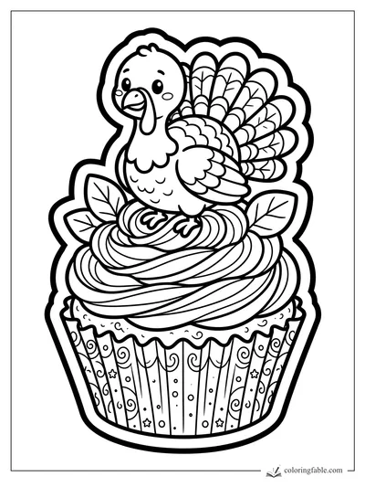 Cute turkey perched on a swirled cupcake with leaves, patterned wrapper, and sticker-style outline.