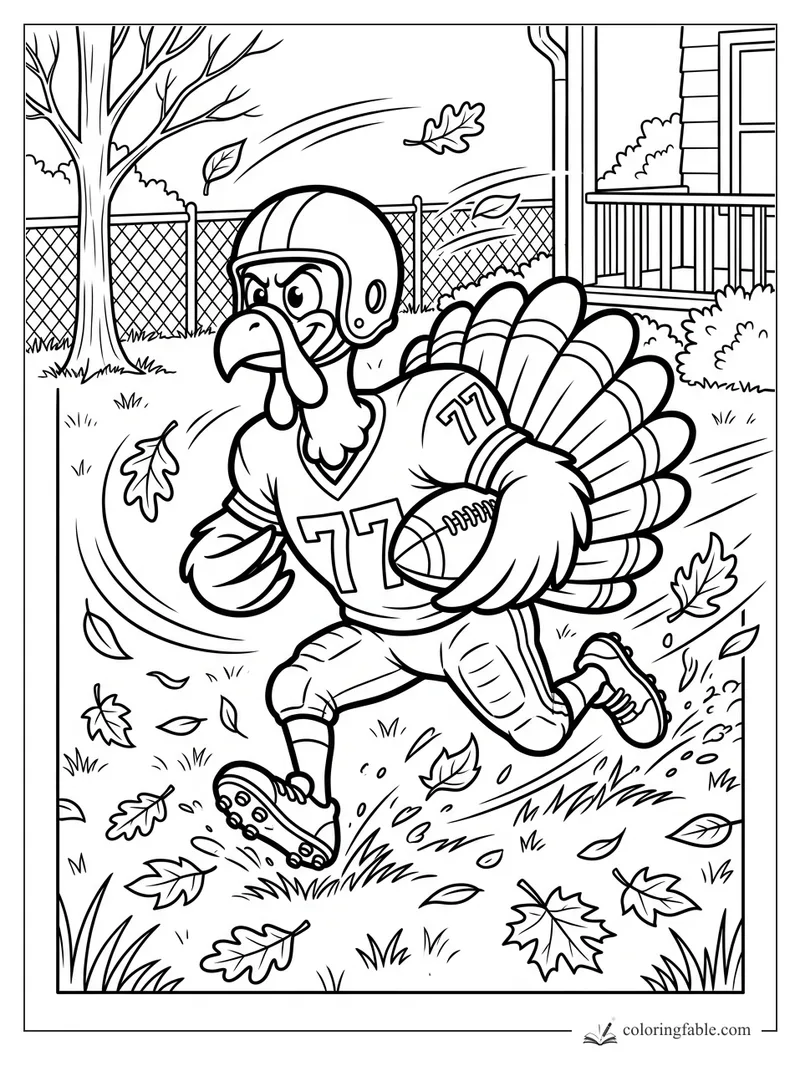 Cartoon turkey in football gear running with a ball through a windy Thanksgiving yard