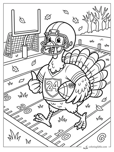 Cartoon turkey quarterback in helmet and number 24 jersey on a football field, holding a ball by the goalposts.