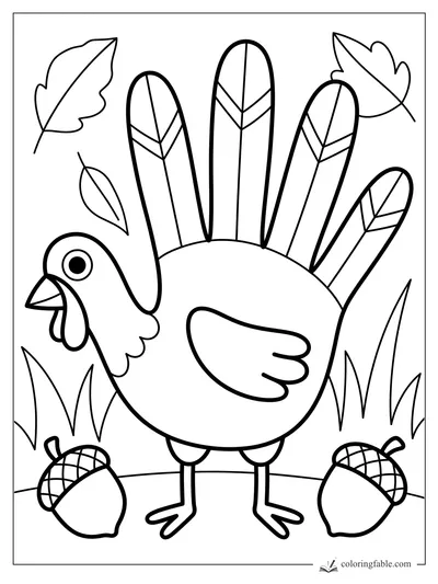 Bold easy turkey coloring page with leaf-shaped tail feathers, falling leaves, grass, and two acorns.