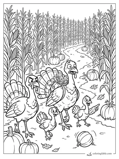 Cartoon turkeys walking through a corn maze with pumpkins, fallen leaves, and tall corn stalks.
