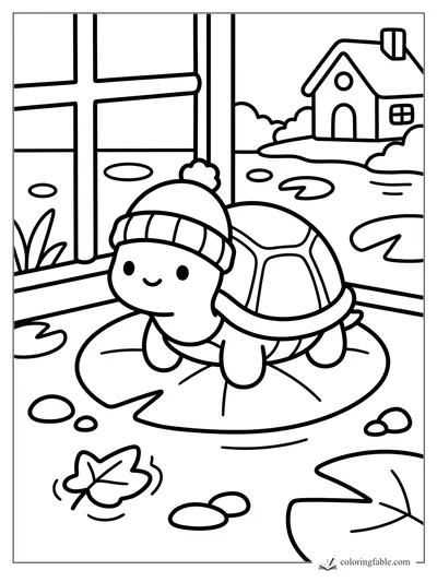 Cozy turtle wearing a pom-pom hat on a lily pad beside a window and pond house.