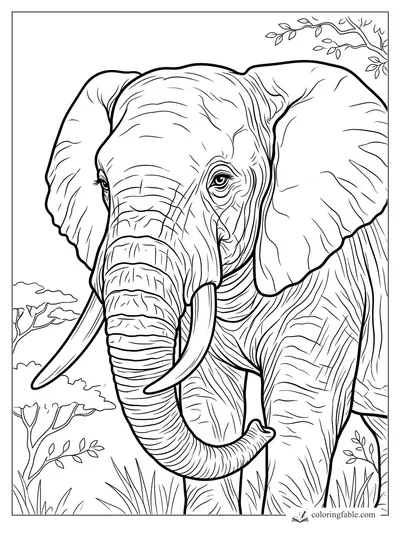 Realistic tusked elephant with wide ears, curled trunk, grasses, shrubs, and acacia branches
