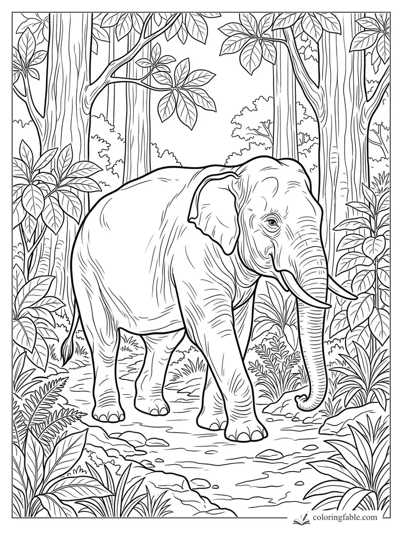 Realistic elephant with long tusks walking through a leafy forest stream, surrounded by tall trunks and ferns.