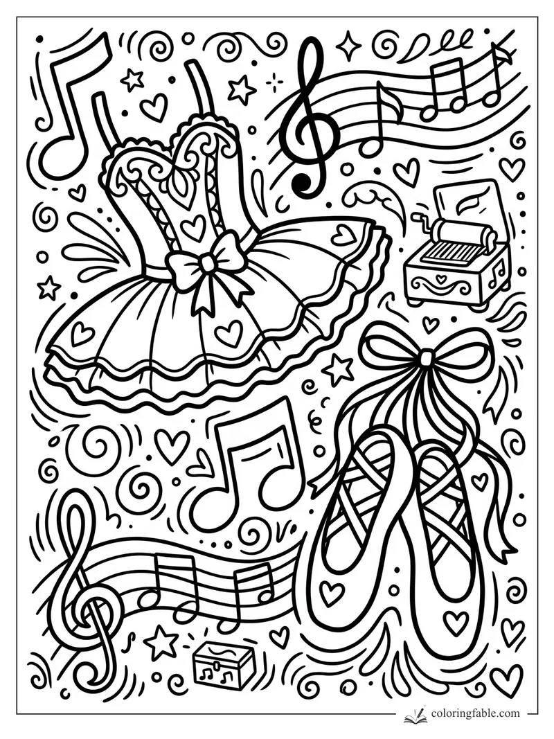 Doodle ballet coloring page with tutu, pointe shoes, music notes, hearts, stars, and music boxes