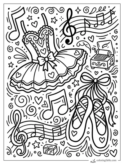 Doodle ballet coloring page with tutu, pointe shoes, music notes, hearts, stars, and music boxes
