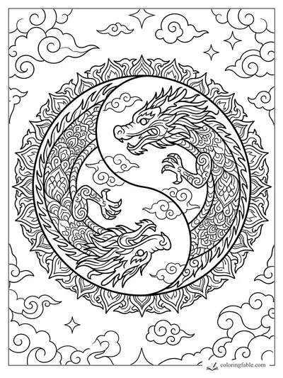 Intricate mandala coloring page with two dragons curled in a yin-yang circle, clouds, stars, and ornate scales