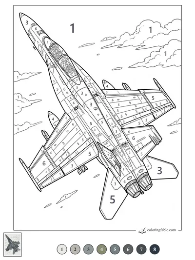 Twin-Engine Fighter Jet Climbing Through Broken Clouds — color by number