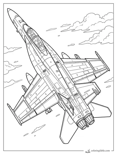 Intricate realistic fighter jet banking upward with detailed cockpit, twin engines, swept wings, and clouds