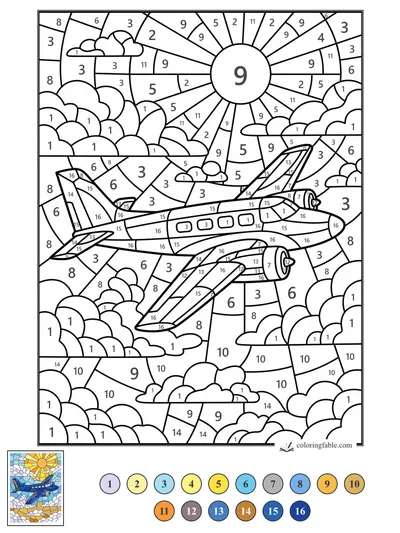 Twin-Prop Airplane in a Stained-Glass Sunrise — color by number