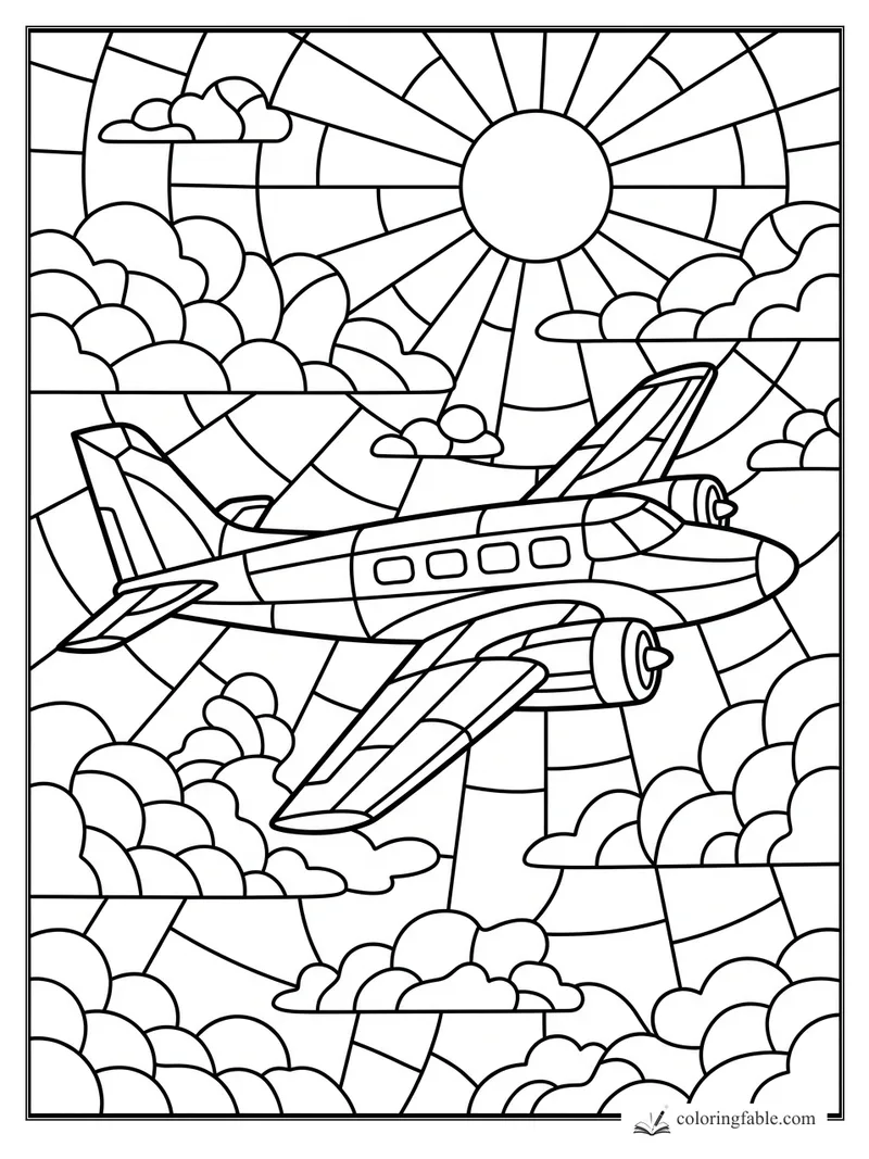 Stained-glass twin-prop airplane flying through clouds under a radiant sun