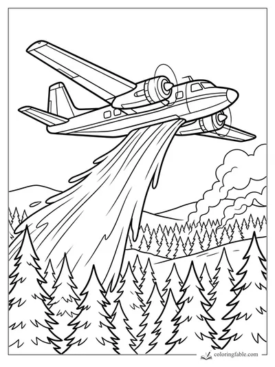 Twin-prop airplane releases water over a pine forest with smoke rising from distant hills.