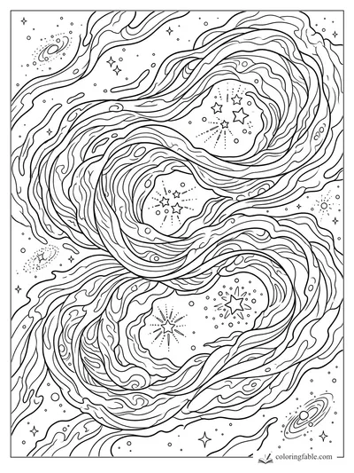 Intricate space coloring page with twin swirling nebulas, starbursts, tiny planets, and distant galaxies.