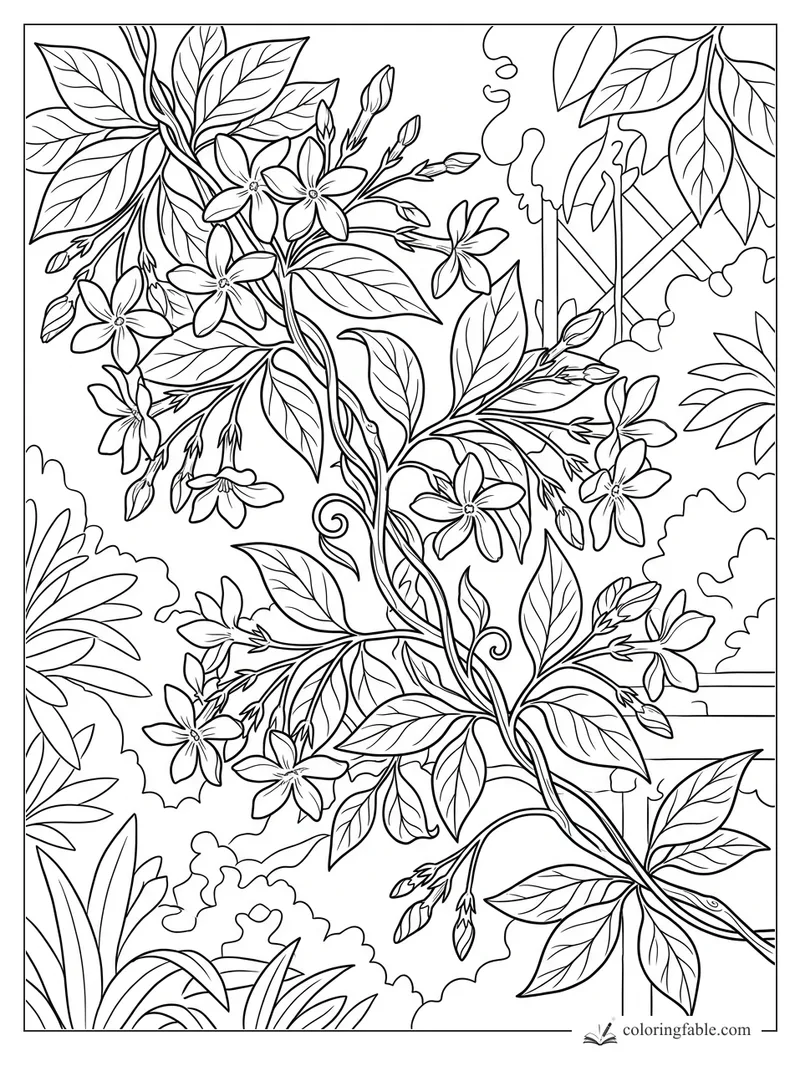 Aesthetic jasmine vine coloring page with star flowers, buds, veined leaves, shrubs, and a trellis.