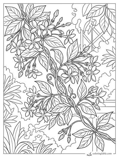 Aesthetic jasmine vine coloring page with star flowers, buds, veined leaves, shrubs, and a trellis.