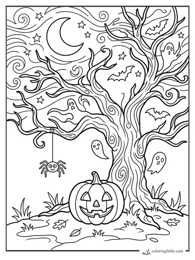 Gothic coloring page of a twisted tree with pumpkin, ghosts, bats, spider, stars, and crescent moon