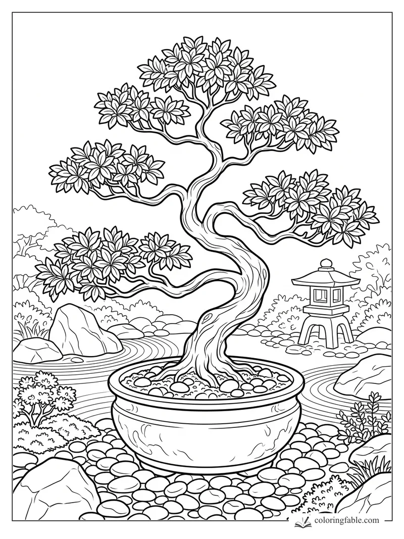 Realistic bonsai tree in a round pot with layered leaves, rocks, raked sand, and a stone lantern.