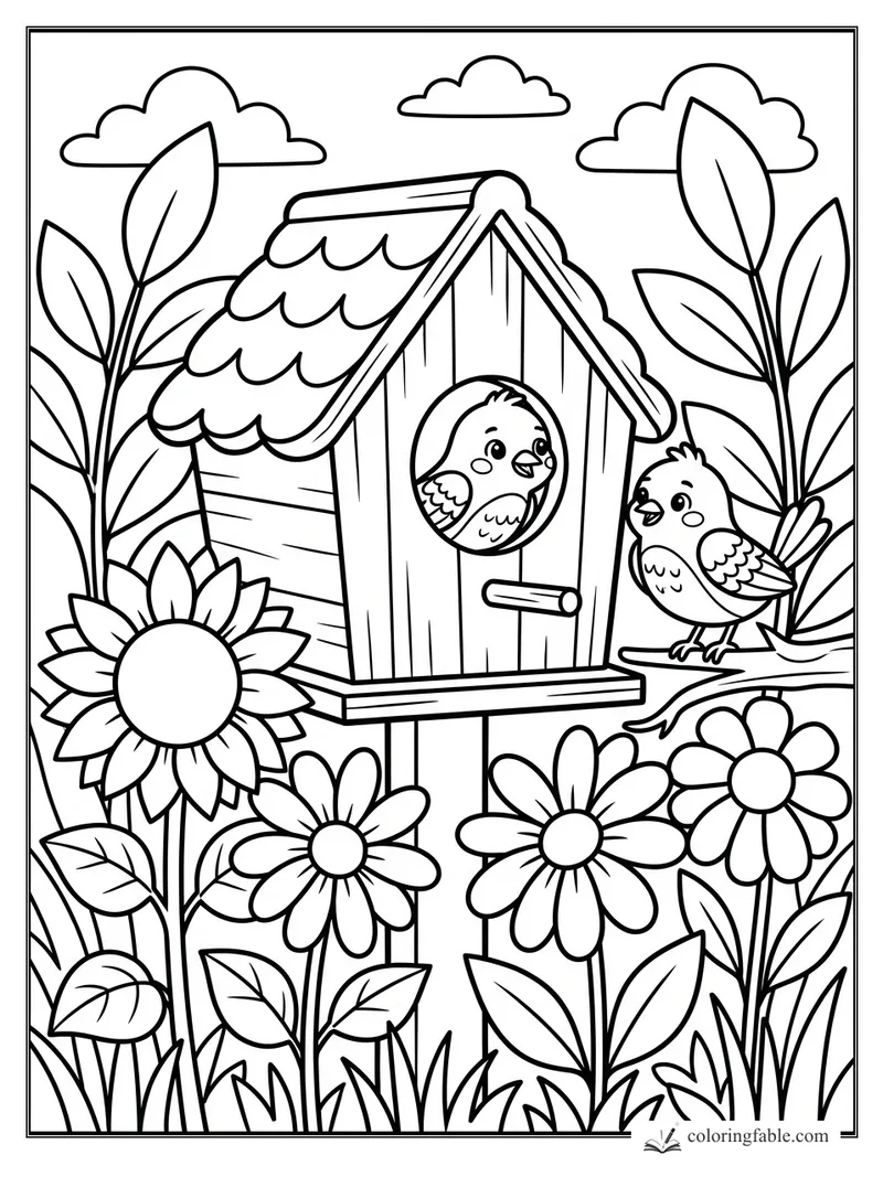 Two cheerful birds by a wooden birdhouse, tall flowers, leafy stems, and three clouds in a bold easy coloring page.