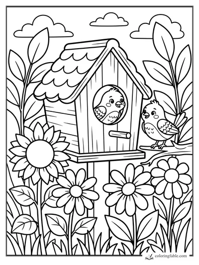 Two cheerful birds by a wooden birdhouse, tall flowers, leafy stems, and three clouds in a bold easy coloring page.