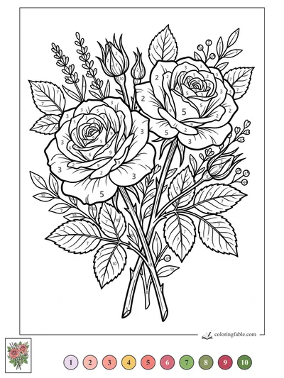 Two Blooming Roses with Buds and Leafy Sprigs — color by number