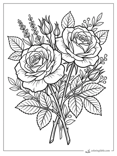 Bouquet coloring page with two open roses, rosebuds, serrated leaves, berry stems, and lavender-like sprigs