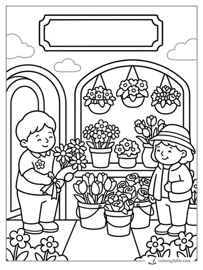 Two smiling children with bouquets at a cozy flower stand with hanging baskets, tulips, and roses.