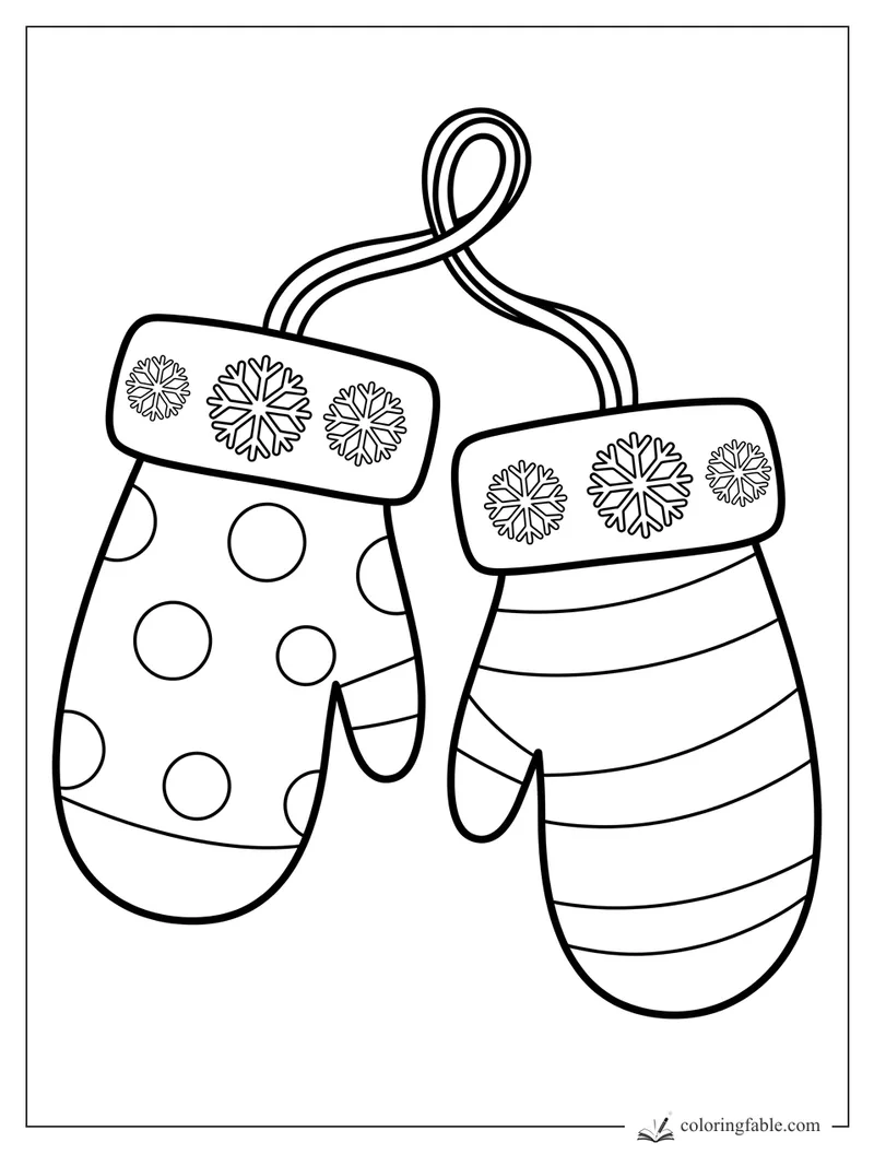 Two Christmas mittens with snowflake cuffs, polka dots, stripes, and a looping string