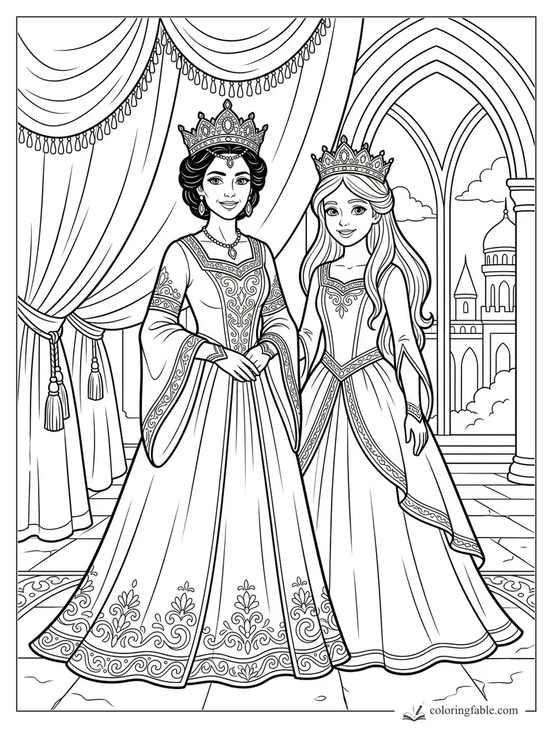 Two smiling princesses with ornate crowns in a palace hall with draped curtains and arched windows