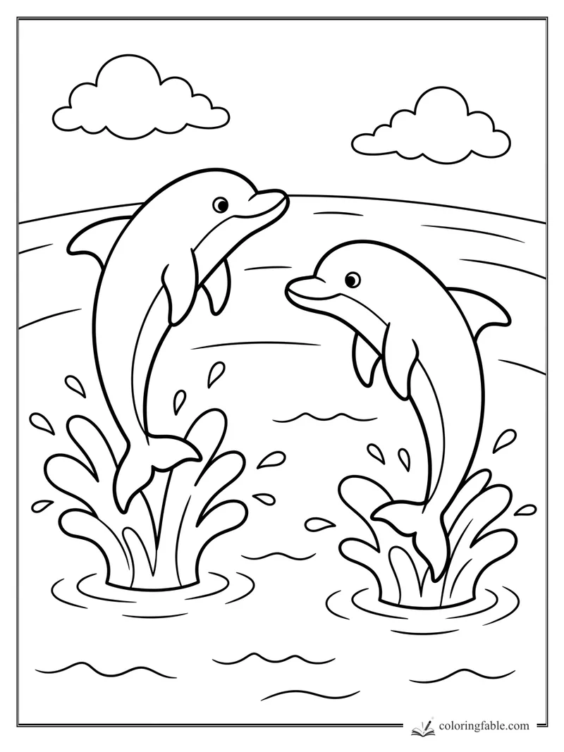 Cartoon coloring page of two dolphins jumping from the ocean with splashes, waves, and clouds