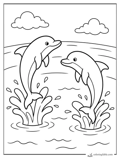 Cartoon coloring page of two dolphins jumping from the ocean with splashes, waves, and clouds