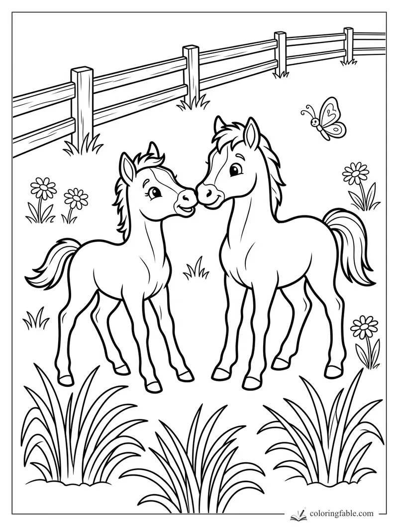 Two smiling foals nuzzle in a fenced pasture with daisies, tall grass, and a butterfly.
