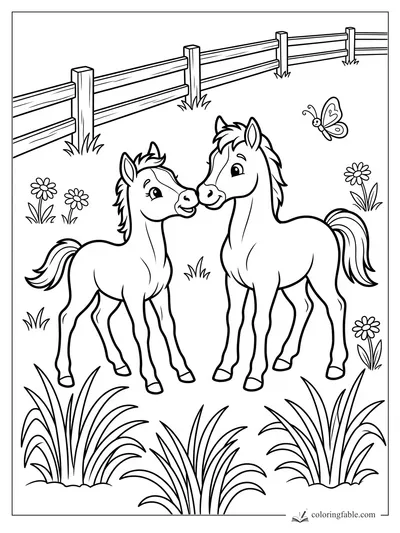 Two smiling foals nuzzle in a fenced pasture with daisies, tall grass, and a butterfly.