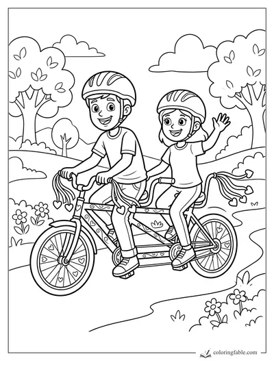 Two helmeted kids ride a tandem bicycle with heart streamers on a winding park path.