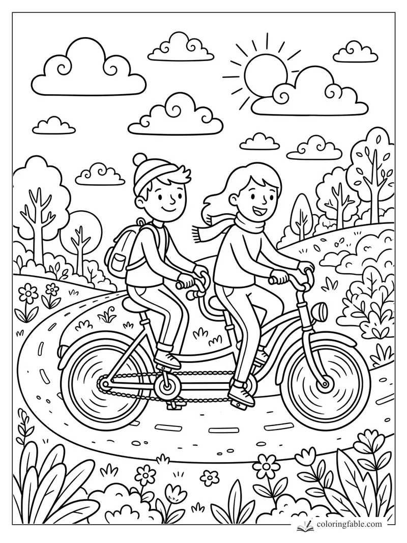 Two kids ride a tandem bicycle on a curving park path with trees, flowers, clouds, and sun.