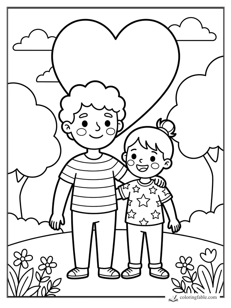 Two smiling children in a park with a giant heart balloon, clouds, trees, and flowers