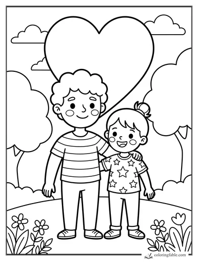Two smiling children in a park with a giant heart balloon, clouds, trees, and flowers
