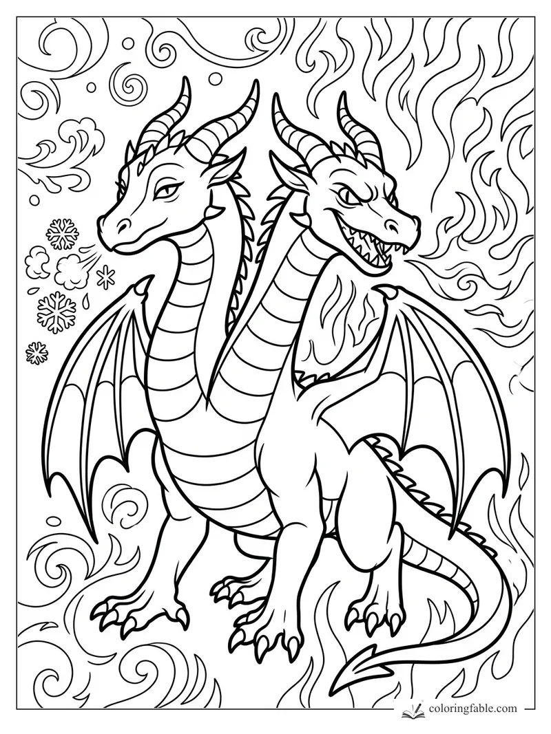 Two-headed dragon coloring page with icy snowflakes on one side and curling flames on the other.