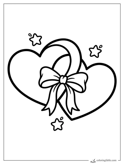 Two overlapping hearts tied with a bow, with three small stars around them