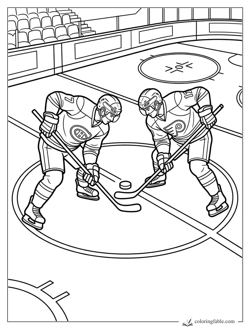Two hockey players lean in for a faceoff at center ice in an empty arena.