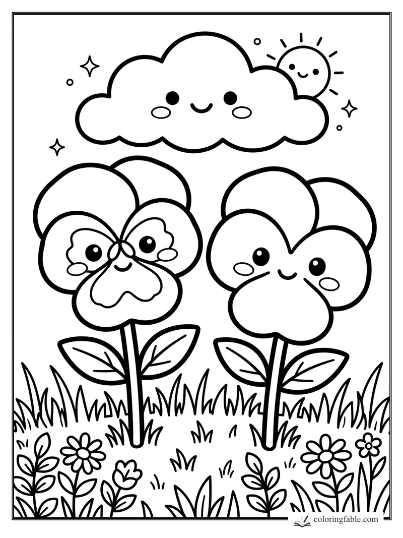 Kawaii pansy flowers with smiling cloud, peeking sun, stars, grass, leaves, and tiny daisies.