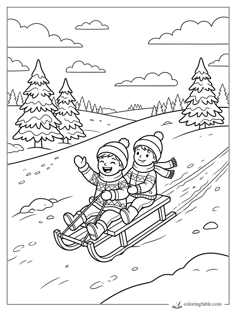 Two children in winter hats ride a sled down snowy hills with pine trees and clouds.
