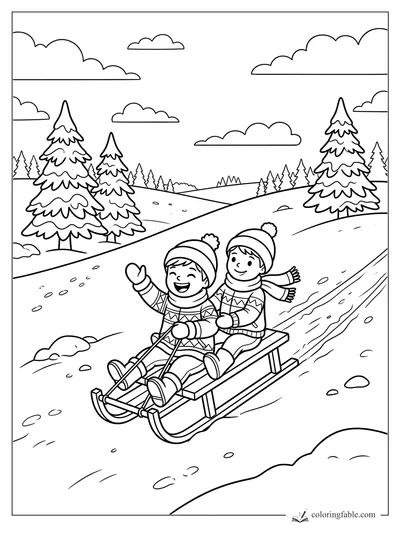 Two children in winter hats ride a sled down snowy hills with pine trees and clouds.