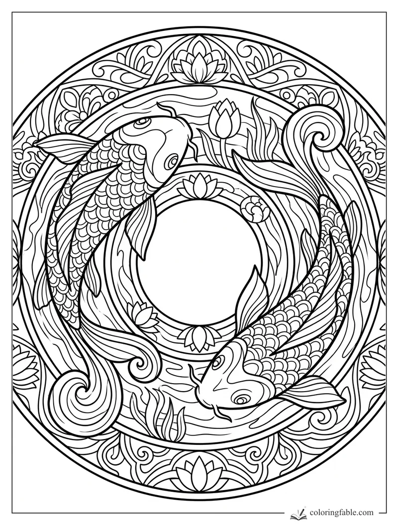 Intricate zentangle mandala with two koi fish, lotus flowers, curling water, scales, and floral border