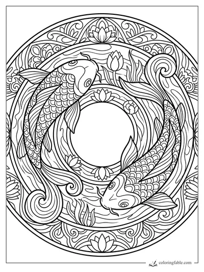 Intricate zentangle mandala with two koi fish, lotus flowers, curling water, scales, and floral border