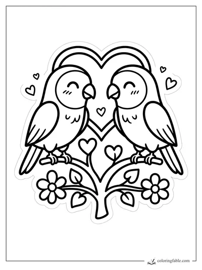 Two smiling lovebirds facing each other on a branch with heart vines, flowers, and tiny floating hearts.