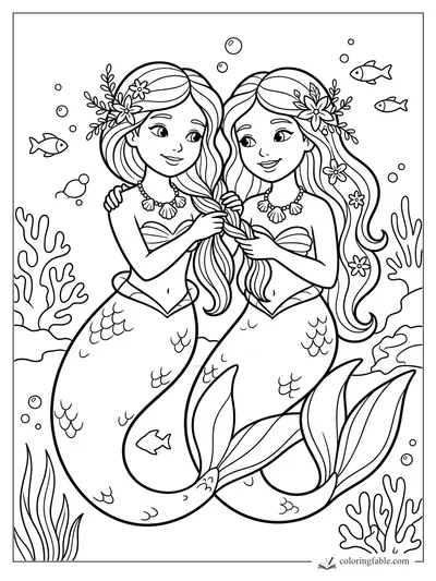 Two smiling mermaids braid long hair together among coral, bubbles, flowers, and small fish.
