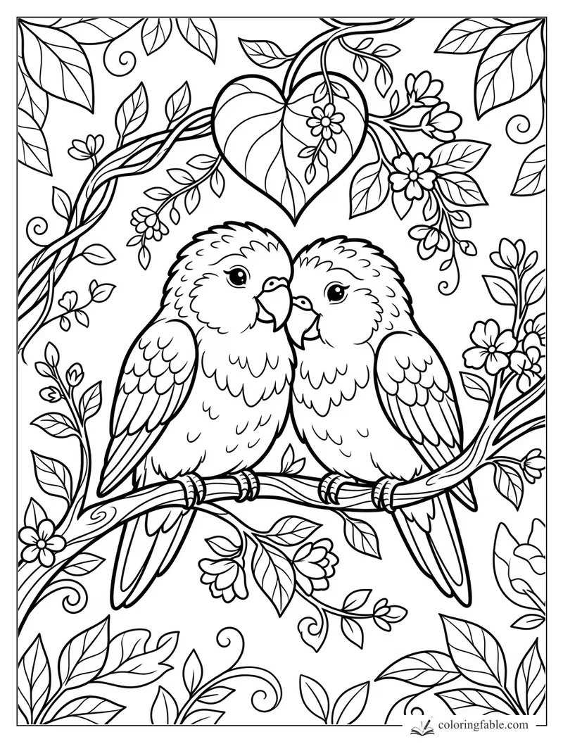 Two cartoon parrots touching beaks on a branch beneath a heart-shaped leaf and flowers.