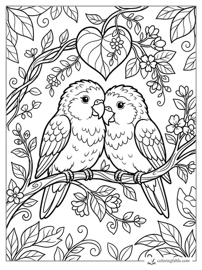 Two cartoon parrots touching beaks on a branch beneath a heart-shaped leaf and flowers.