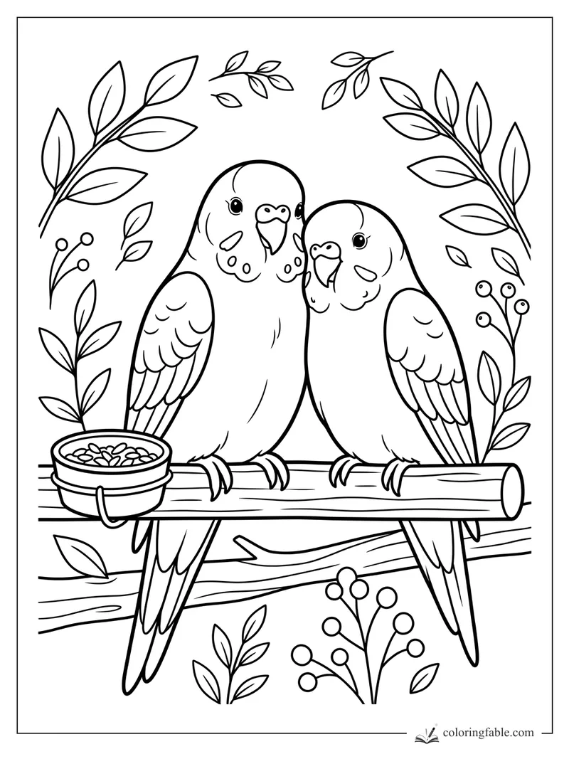 Two smiling parrots on a wooden perch with a seed bowl, leafy branches, and berry stems