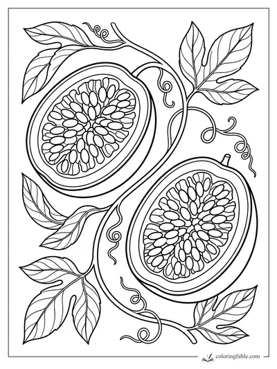 Realistic passion fruit halves with many seeds, curling tendrils, and pointed vine leaves coloring page